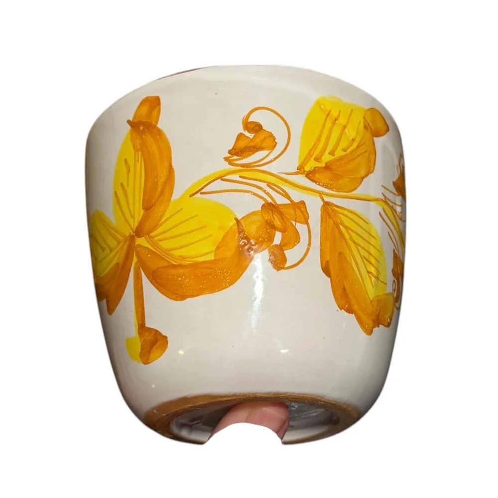 Vintage Italian Hand Painted Floral Ceramic Planter Cache Pot Yellow
